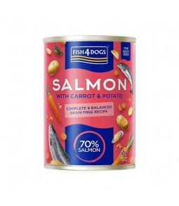 Lata completa para perros adultos con ~70 % salmón, zanahoria, patata, aceite de salmón, extracto de yuca y mejillón de labio ve