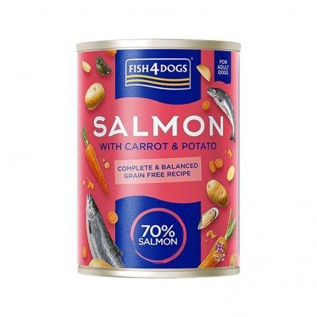 Lata completa para perros adultos con ~70 % salmón, zanahoria, patata, aceite de salmón, extracto de yuca y mejillón de labio ve